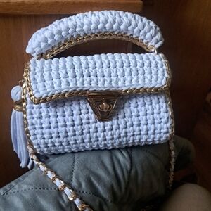 Chic White Woven Mini Bag with Gold Details